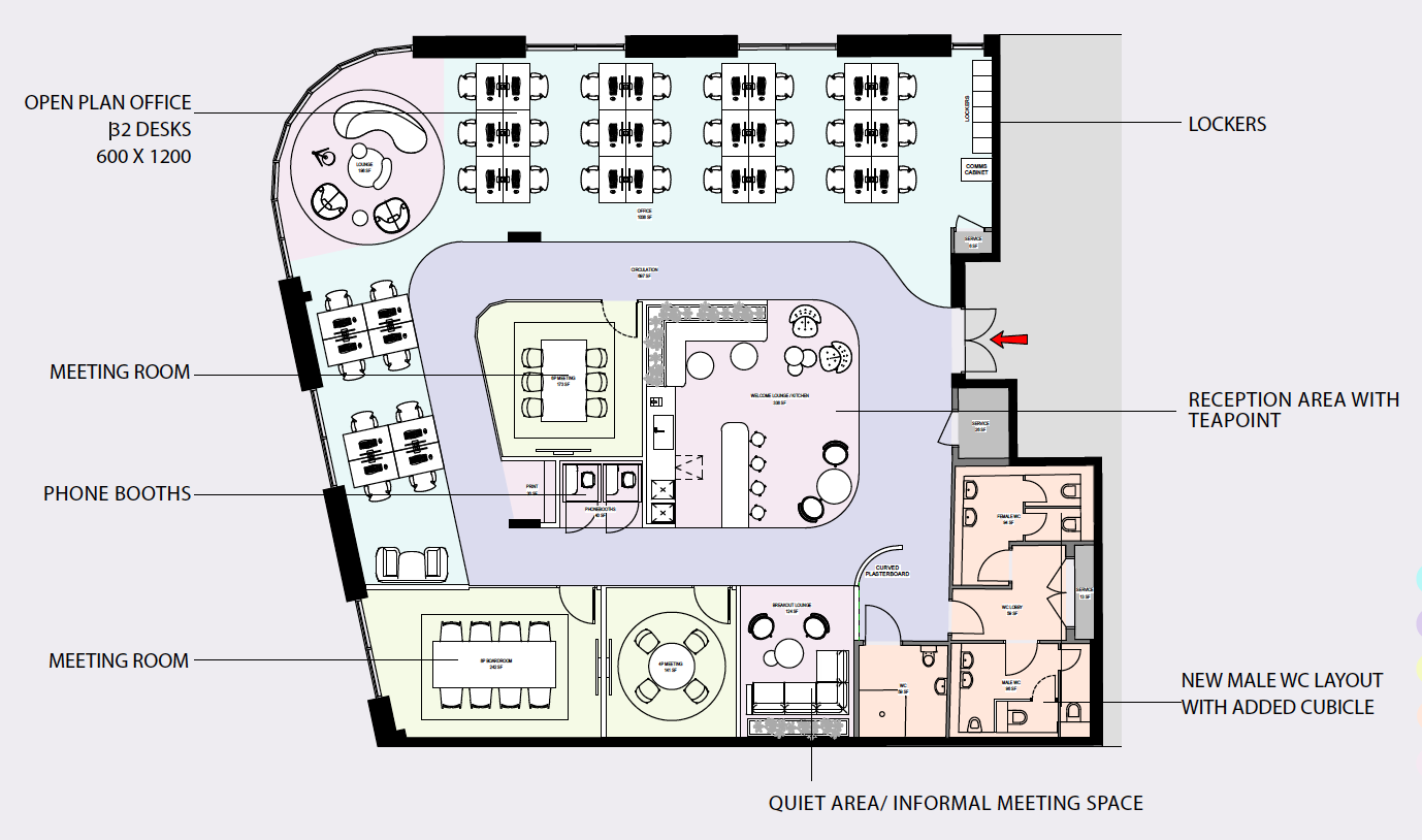 Floor plan of the 1st-floor office (Unit 2) — layout option 1, up to 46 desks
