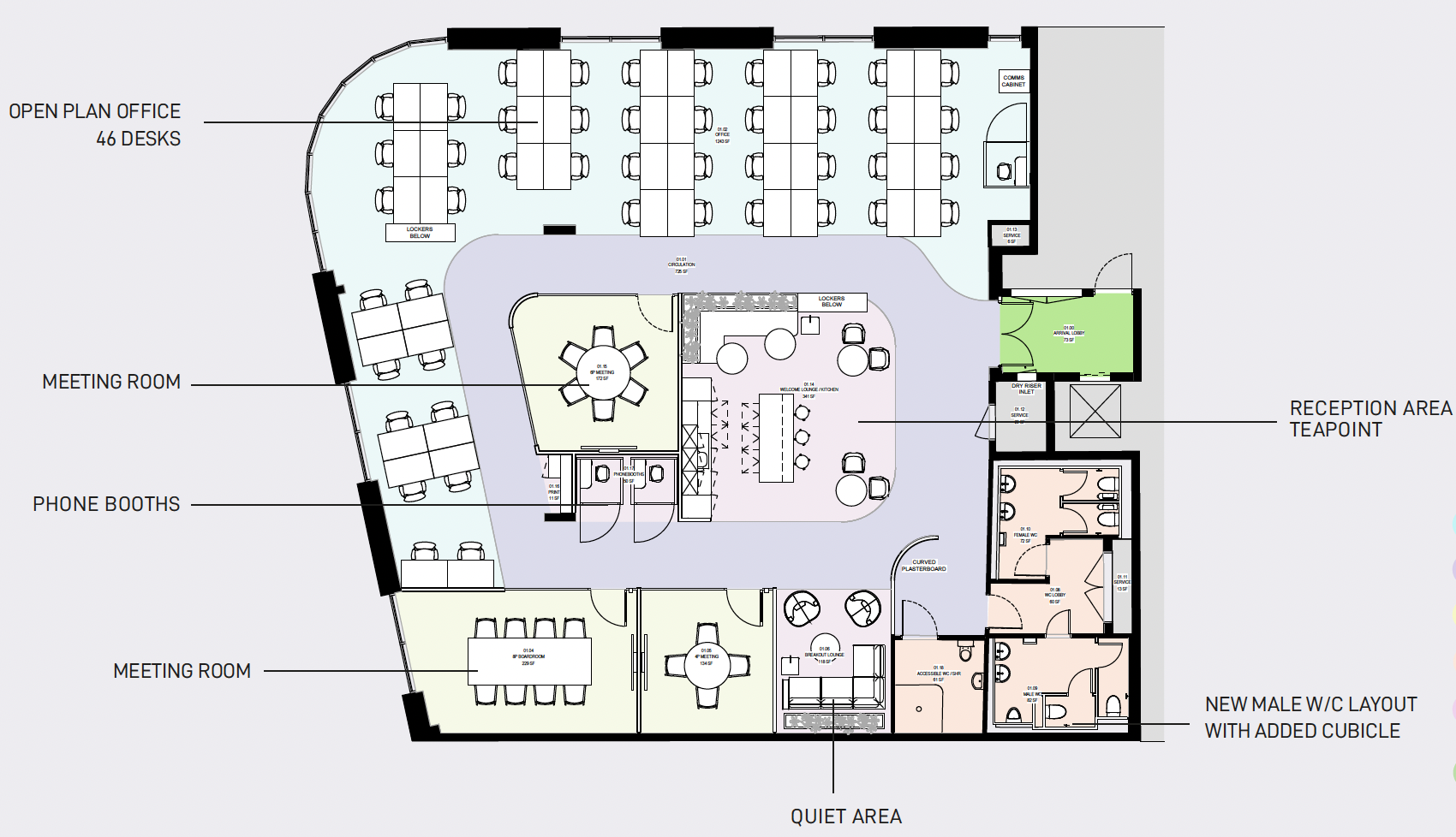 Floor plan of the 1st-floor office (Unit 2) — layout option 2, up to 46 desks